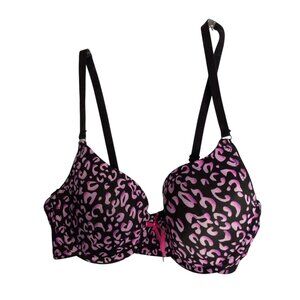 Inteco Intimates 34B Bra Pink Black Leopard Print Push Up Bow Adjustable NEW